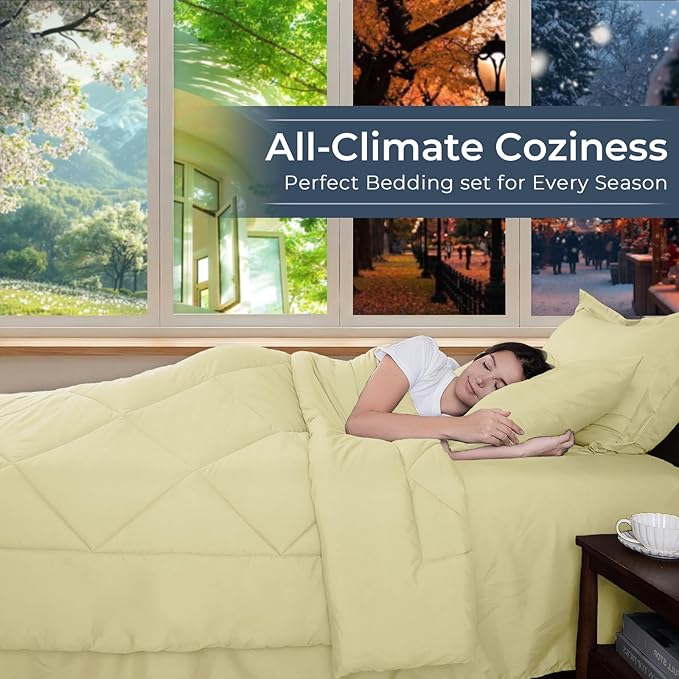 HEVUMYI Cream Yellow Cali-King Comforter Set - 7-Piece All Season Bed in a Bag Cali-King, Ultra Soft Bedding Set with Comforter, Flat Sheet, Fitted Sheet, Pillowcases, Pillow Shams