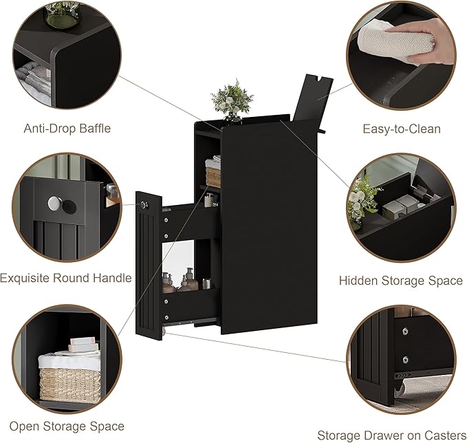 ChooChoo Slim Bathroom Storage Cabinet, Narrow Small Bathroom Organizer with Slide Out Drawer Storage, Toilet Paper Holder, for Small Spaces, Black