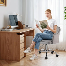 MOJAY Modern Vanity Chair with Wheels, Mid-Back Cutout Velvet Home Office Chair, Swivel Height-Adjustable Soft Seat Cute Desk Chair with Arm Support (Dove Grey)