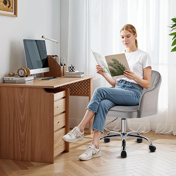 MOJAY Modern Vanity Chair with Wheels, Mid-Back Cutout Velvet Home Office Chair, Swivel Height-Adjustable Soft Seat Cute Desk Chair with Arm Support (Dove Grey)