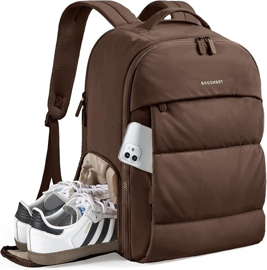 BAGSMART 30L Travel Backpack for Women, Carry on Backpack for Airplanes, Gym Backpack with Shoe Compartment, Lightweight Travel Bag Fits 15.6 Inch, Water-Resistant, Chocolate