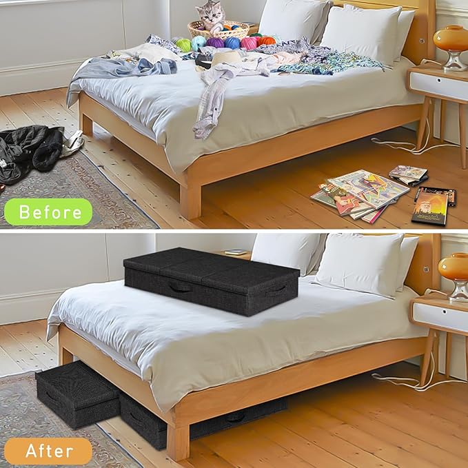 punemi Under Bed Storage Containers, Set of 2 Low Profile Under Crib Storage Bins With Lid, Large Sturdy Under Bed Clothes Drawer Organizers Box for Dorm Room Couch Closet Basement, Black
