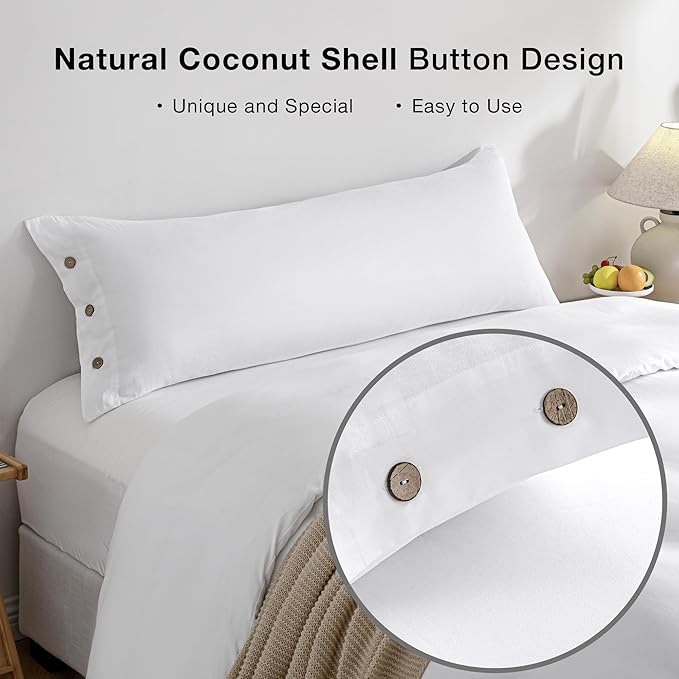 JELLYMONI Pillowcase Body Cotton 1pc Button Pure White Pillow Case 20×54in 100% Washed Cotton Soft Breathable Pillow Covers(Pillows are not Included)