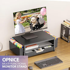 OPNICE Desk Organizer and Accessories, 2-Tier Computer Monitor Stand Riser with Drawer and 2 Pen Holders, Laptop Stand, Office Desk Accessories for Office Supplies, Black – Hot Seller