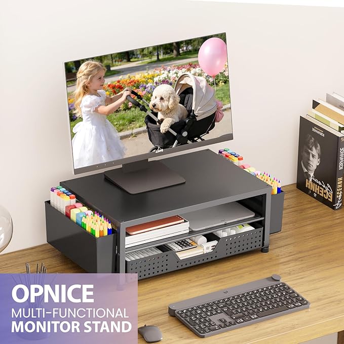 OPNICE Desk Organizer and Accessories, 2-Tier Computer Monitor Stand Riser with Drawer and 2 Pen Holders, Laptop Stand, Office Desk Accessories for Office Supplies, Black – Hot Seller