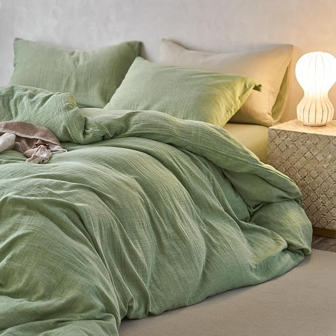 Green Duvet Cover Queen Size-Ultra-Soft, Breathable & Lightweight Muslin Cotton Linen Like Gauze Textured Comforter Cover with Zipper Closure Minimalist Duvet Cover Set- 90"x90",Mint Green