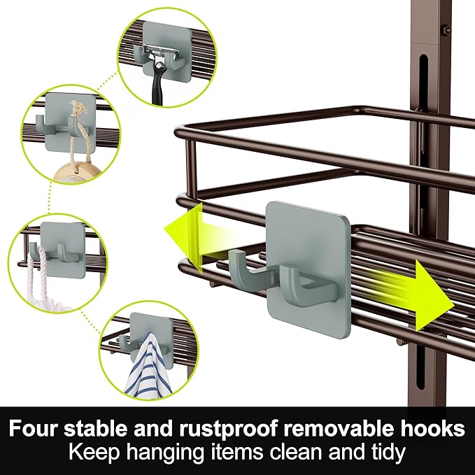 Orimade Over the Door Shower Caddy Adjustable 5 Tier Bronze,Bathroom Hanging Organizer Shelf Rustproof with 4 Hooks,Shower Basket with Soap Holder and Suction Cup