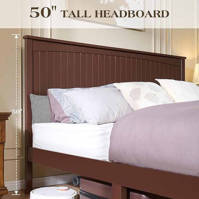 King Size Solid Wood Bed Frame with Storage, Mid-Century Modern Platform Bed with 50" Headboard & 2 Drawers, No Box Spring Needed/Quiet Support/Easy Assembly/Espresso Brown Finish