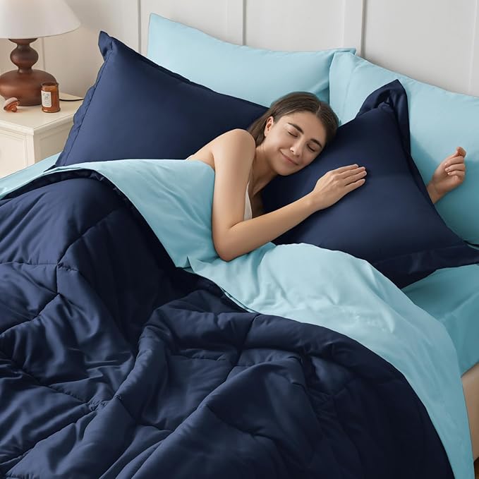 JOLLYVOGUE Queen Comforter Set, Ultra-Soft Bed in a Bag Queen Size 7 Pieces, Oeko-TEX Certified Bedding Set with Down Alternative Comforter, Sheets, Pillowcases & Shams, Navy & Light Blue