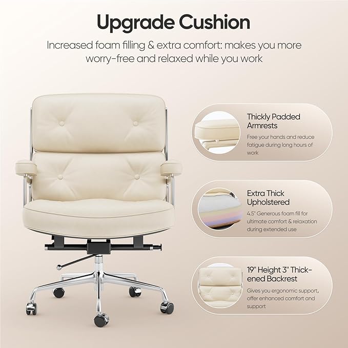 Home Office Chair with Top Grain Leather, Padded Armrests, Mid-Back Upholstered Executive Leather Desk Chair, Aluminum Frame, Adjustable Height, 360 Swivel, Rolling Wheels, 350lbs Capacity