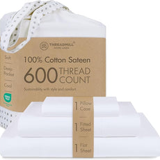 Threadmill 100% Cotton Sheets for Twin Size Bed - 600 Thread Count Twin Bed Sheets Set with 15” Deep Pocket - Sateen Weave 3-Piece Bedding Set with Cooling Effect, White