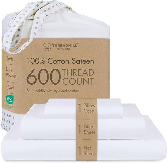 Threadmill 100% Cotton Sheets for Twin Size Bed - 600 Thread Count Twin Bed Sheets Set with 15” Deep Pocket - Sateen Weave 3-Piece Bedding Set with Cooling Effect, White
