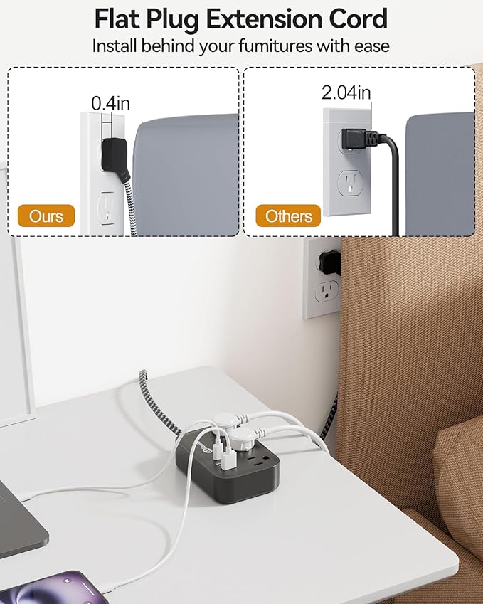 Flat Plug Power Strip with USB C Ports, Black Extension Cord 5FT with 3 AC Outlets 3 USB, Short Extension Cord Outlet Extender with No Surge Protector for Cruise Ship, Dorm Room Travel Essentials