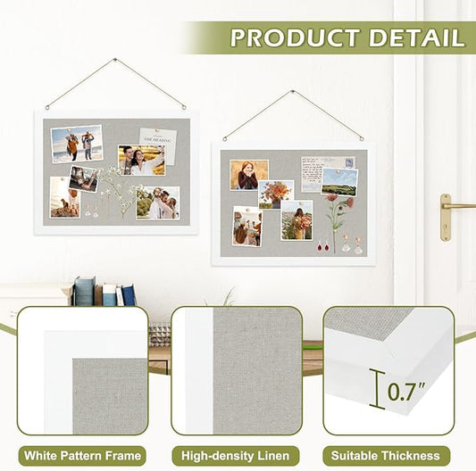 2-Pack Double-Sided Cork Board with Linen, 16" x 12" Hanging Wood Framed Bulletin Board, Picture Display Vision Board Kit Corkboards for Wall School Office Decor, 20 Pushpins (Vintage White)