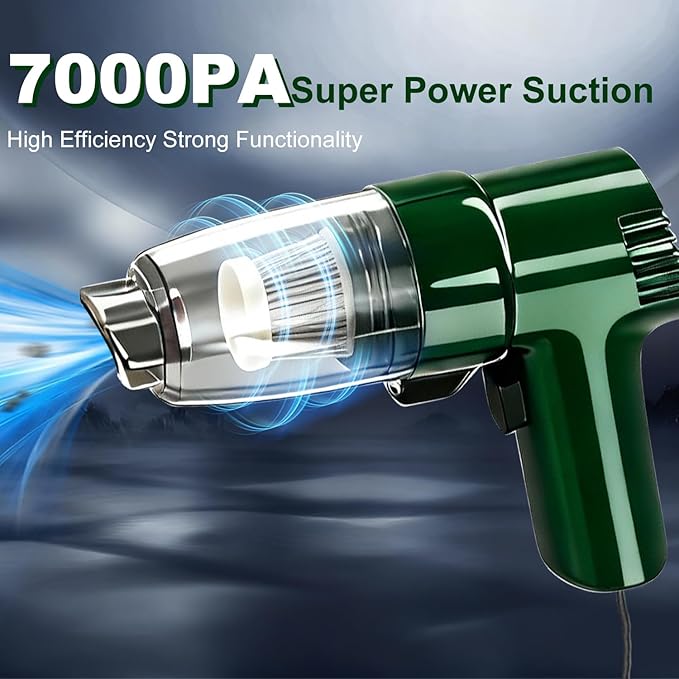 Car Mounted Vacuum Cleaner - 7000PA High-Power Suction, Dry & Wet Dual-Purpose, Portable Mini Handheld Vacuum with LED Light & Attachments, Ideal for Car Interior, Pet Hair, Dust & Debris (Green)