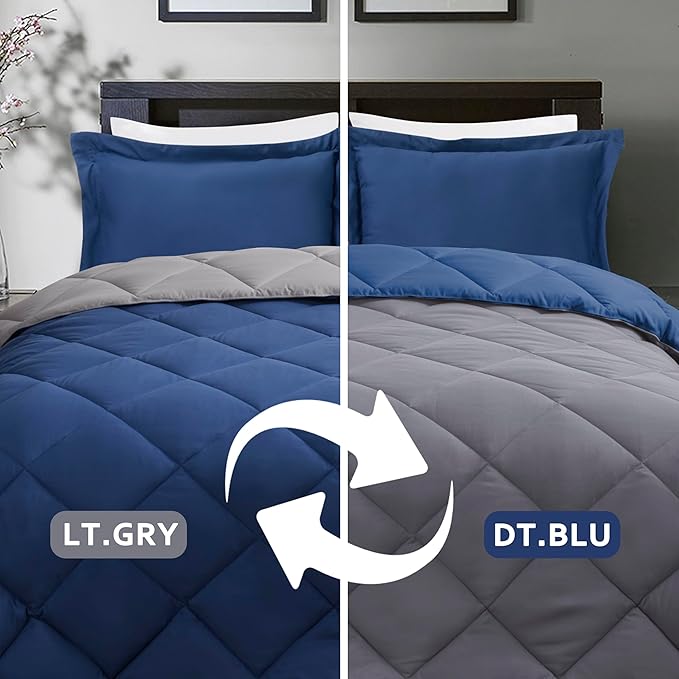 HIG 3pc Navy King Size Comforter Set -All Season Reversible Down Alternative Comforter with Two Shams -Quilted Duvet Insert with Corner Tabs - Diamond Stitched Blanket - Breathable, Soft, Fluffy