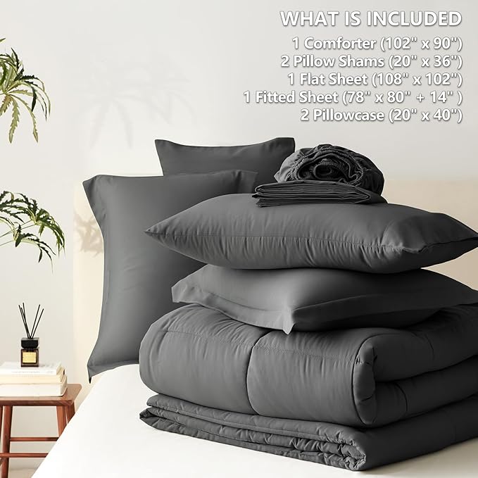 CozyLux King Size Comforter Set Dark Grey - 7 Pieces Bed in a Bag King, Okeo-Tex Certifited Bedding Set, All Season Soft Bed Set with Down Alternative Comforter, Sheets, Pillowcases & Pillow Shams