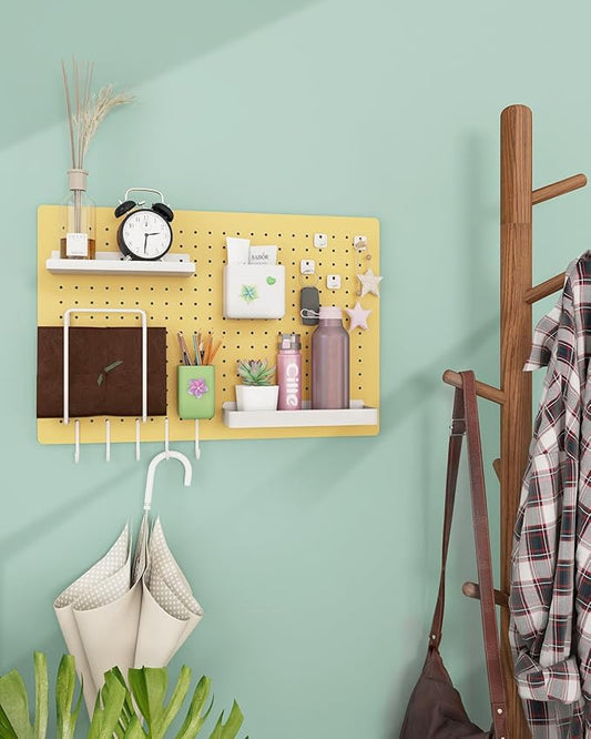 Metal Pegboard Kit — Carbon Steel Pegboards with 26 Accessories, Pegboard Wall Organizer for Home, Office, Study Room, Kitchen, Craft Room & Gaming Setup — 24″ × 16″ Yellow Peg Board