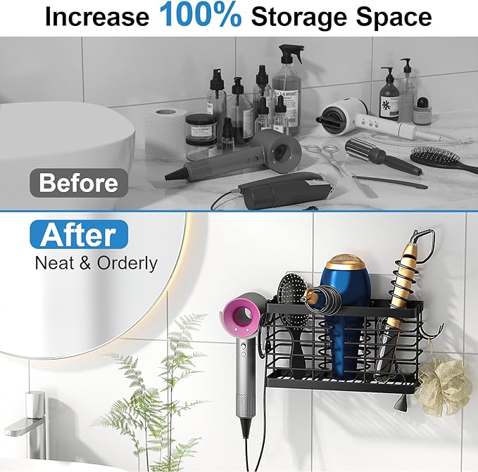 Hair Tool Organizer, 3-in-1 Universal Hair Dryer Holder, Adjustable Height Metal Blow Dryer Holder Wall Mounted/Over Cabinet Door/Free-Standing (Black)