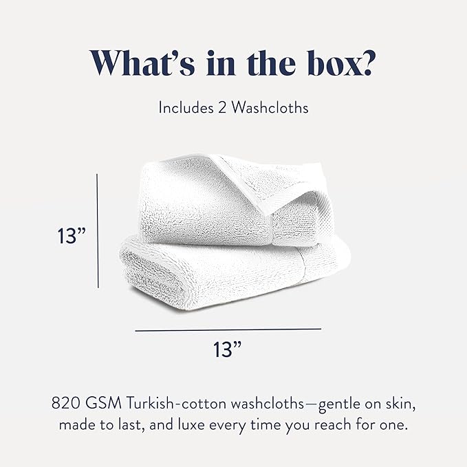Brooklinen Super-Plush Turkish Cotton Washcloths - Set of 2 - Cotton, 820 GSM, Highly Absorbent, Machine Washable, Perfect for Home & Bathroom (13" x 13", Solid White)