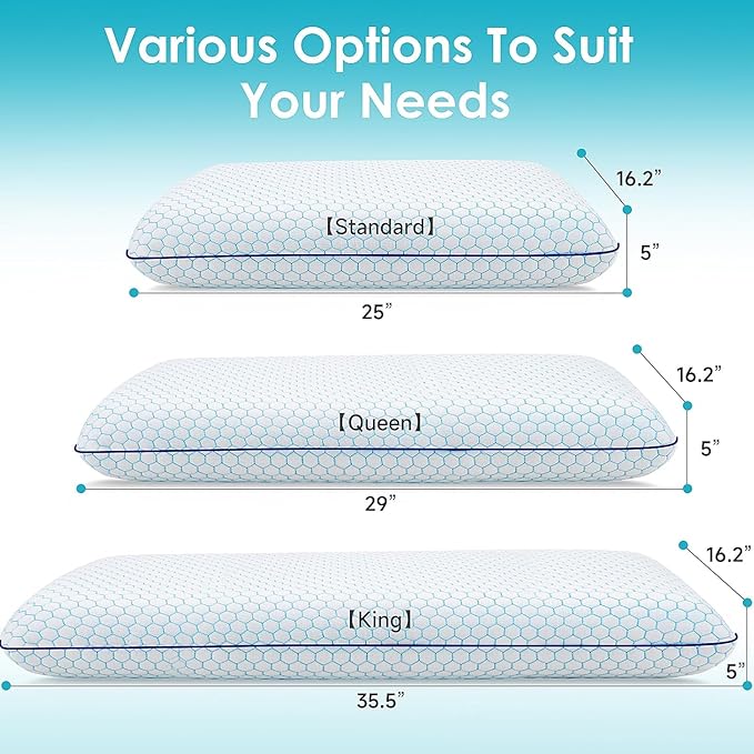 Memory Foam Pillows for Side, Set of 2, Back and Stomach Sleepers, Bed Pillow with Breathable Mesh and Washable Cover, Bed Pillow for Sleeping (Blue, Queen Size)