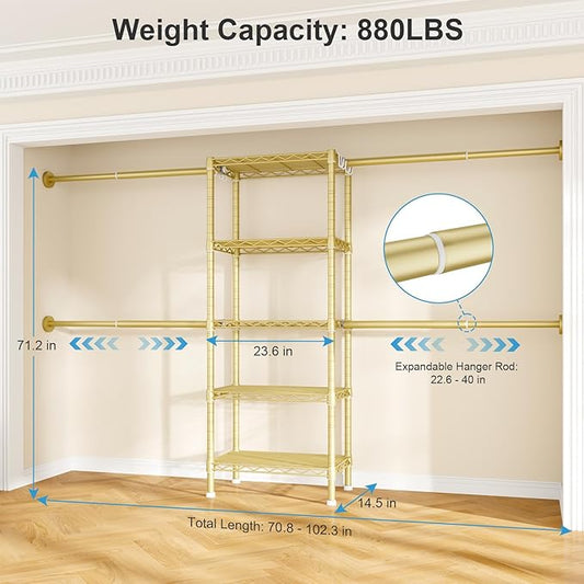 Ulif M2 Wall-Mounted Clothes Rack, Metal Closet System with 4 Expandable Hanger Rods and 5 Metal Shelves, Mount-on-Wall Clothing Storage Organizer in (70.8-102.3)" L x 14.5" D x 71.2" H, Gold