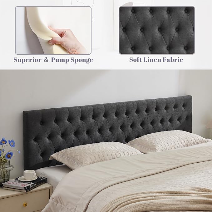 Kingfun Tufted Upholstered Queen Size Bed Headboard in Modern Button Design, Adjustable Solid Wood Head Board, Premium Linen Fabric Padded Headboards in Bedroom (Dark Grey)