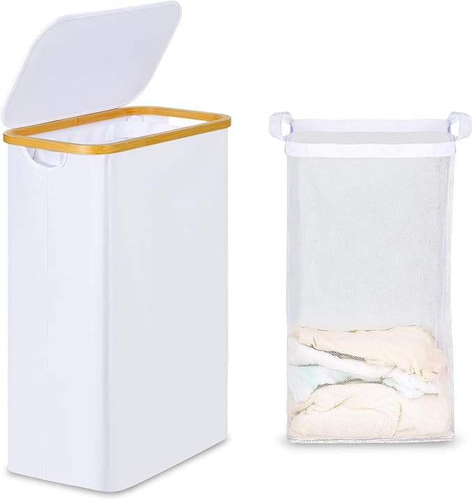 efluky Slim Laundry Basket with Lid, Narrow Laundry Hamper with Removable Bag, Skinny Dirty Clothes Basket with Bamboo Handles for Bathroom, Bedroom & Laundry Room, 65L White