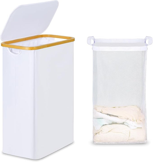 efluky Slim Laundry Basket with Lid, Narrow Laundry Hamper with Removable Bag, Skinny Dirty Clothes Basket with Bamboo Handles for Bathroom, Bedroom & Laundry Room, 65L White