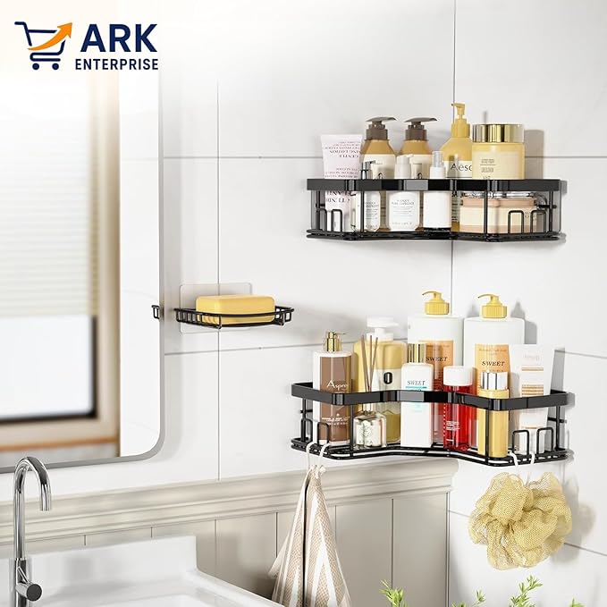 Shower Caddy Corner Shelf with Soap Holder, No Drill Adhesive Wall Mounted with Hooks - Rustproof Stainless Steel Rack by ARK.