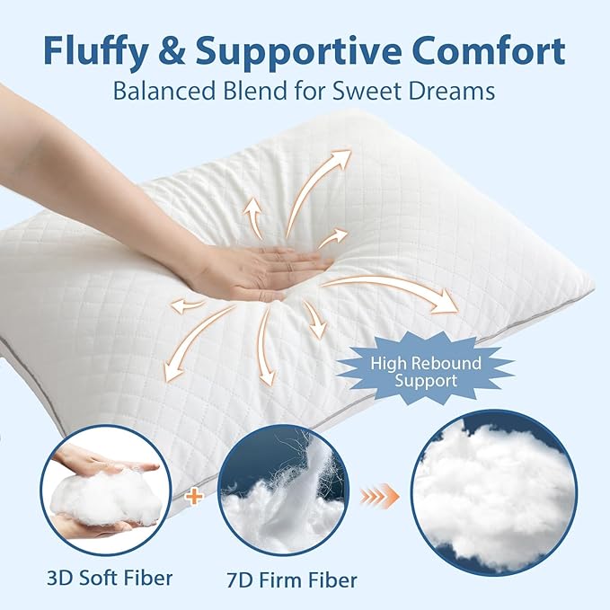 JOLLYVOGUE Queen Pillows, Oeko-Tex Certified Bed Pillows for Side, Back, and Stomach Sleepers - Medium Support Down Alternative Filling, Machine-Washable