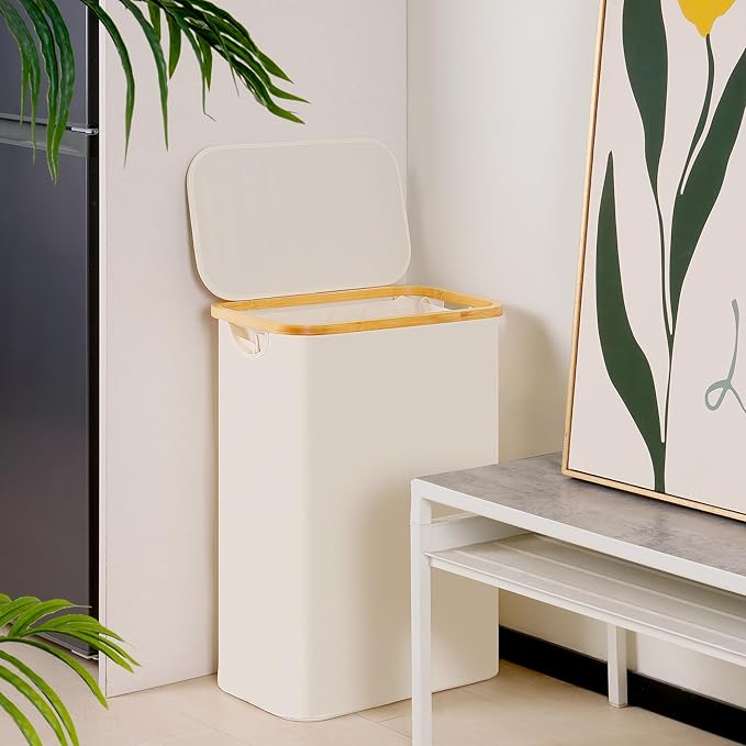 efluky Slim Laundry Basket with Lid, Narrow Laundry Hamper with Removable Bag, Skinny Dirty Clothes Basket with Bamboo Handles for Bathroom, Bedroom & Laundry Room, 65L Beige