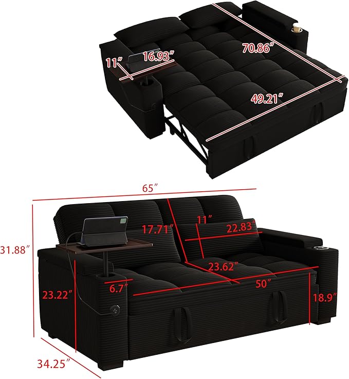 65" Sofa Bed, Loveseat 3-in-1 Sleeper Sofa with Pull Out Bed, 360° Swivel Side Table and USB, 2 Seater Convertible Small Couch for Living Room Apartment (Black, Corduroy)