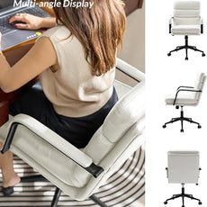HULALA HOME Modern Faux Leather Home Office Chair with Tilt Lock & Metal Base, Desk Chair with Wheels & Padded Cushion, 360° Swivel Wide Seat Computer Task Chair, White