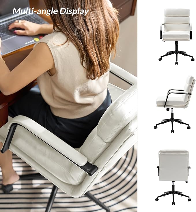 HULALA HOME Modern Faux Leather Home Office Chair with Tilt Lock & Metal Base, Desk Chair with Wheels & Padded Cushion, 360° Swivel Wide Seat Computer Task Chair, White