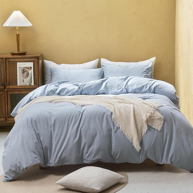 FOSSA Duvet Cover Set 100% Washed Cotton Linen Feel Super Soft Breathable Cozy 3 Pieces Bedding Sets Solid Cornflower Blue Queen