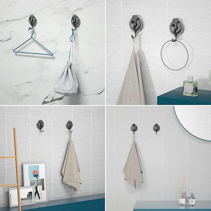 Heavy Duty Vacuum Suction Cup Hooks, Gun Silver Plated Polished Super Suction for Kitchen Bathroom, 6 Pack