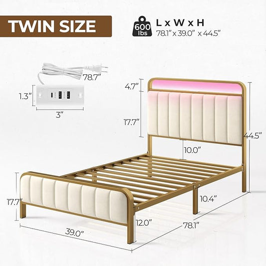 Rolanstar Twin Size Bed Frame with LED Light and Charging Station, Upholstered Headboard and Footboard, Metal Slat, Golden
