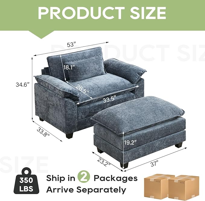 53" Modular Sectional Sofa, Comfy Cloud Couch Sectional Sofa with Ottoman, Chenille Sofa Sleeper Deep Seat Sofa with Throw Pillows for Living Room (Blue)
