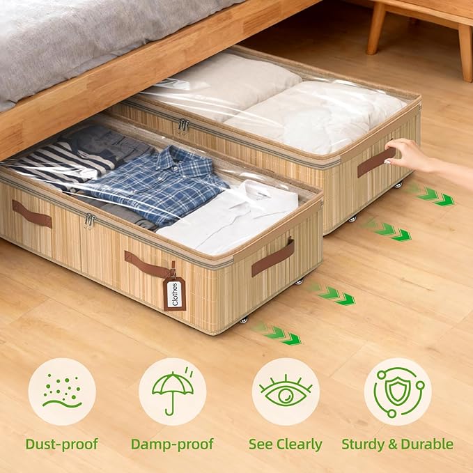 Livole Bamboo Under Bed Storage with Wheels, 6 inches Underbed Storage Containers, 56L XXL Rolling Under Bed Storage Bins with Clear Lid & Label for Clothes, Blankets, Sweater, Shoes, 1 Pack