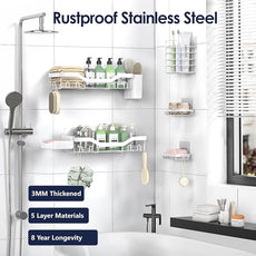 Shower Caddy Adhesive Shower Organizer 7-Pack, Rustproof Stainless Steel Bathroom Shelves, Large Capacity No-Drill Rack Storage Accessories with Soap Dish Toothbrush Holder Hooks (White)