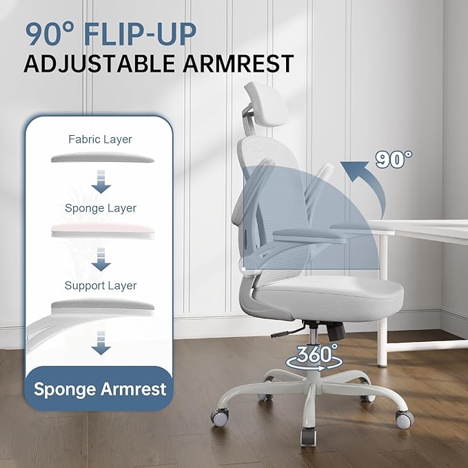 Office Chair Ergonomic Desk Chair, 330LBS Capacity, High Back Computer Chair for Long Hours Comfortable, Rolling Swivel Executive Task Chair for Home Office with Flip-up Armrests（Grey）