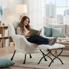 Cozy Lazy Chair and Ottoman, Large Contemporary Accent Lounge Chair Set, Leisure Upholstered Reading Armchair for Bedroom, Living Room, Dorm Rooms, Office, Peach Beige