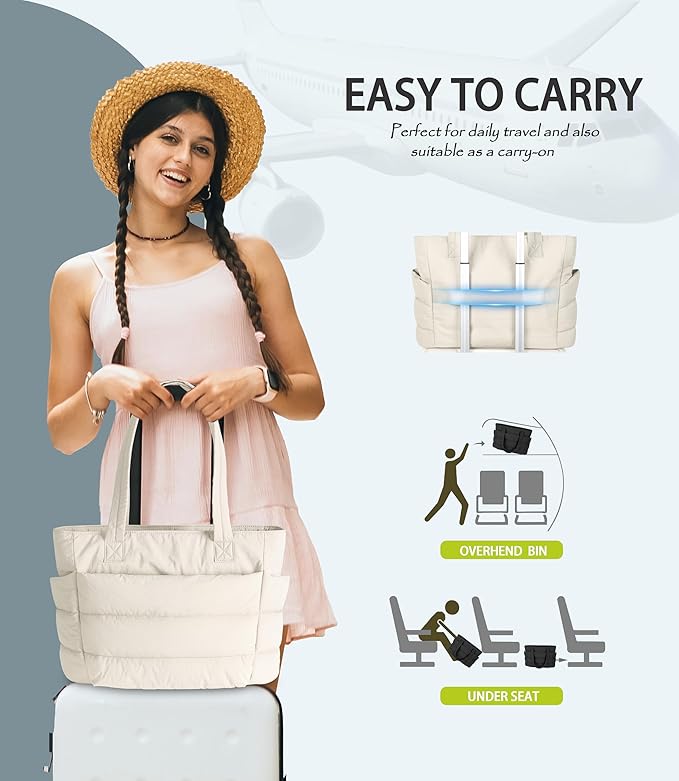 Puffer Tote Bag for Women, Cute Quilted Carryall with Zippered Compartments Shoulder Bag Handbag for Work, Travel, Gym