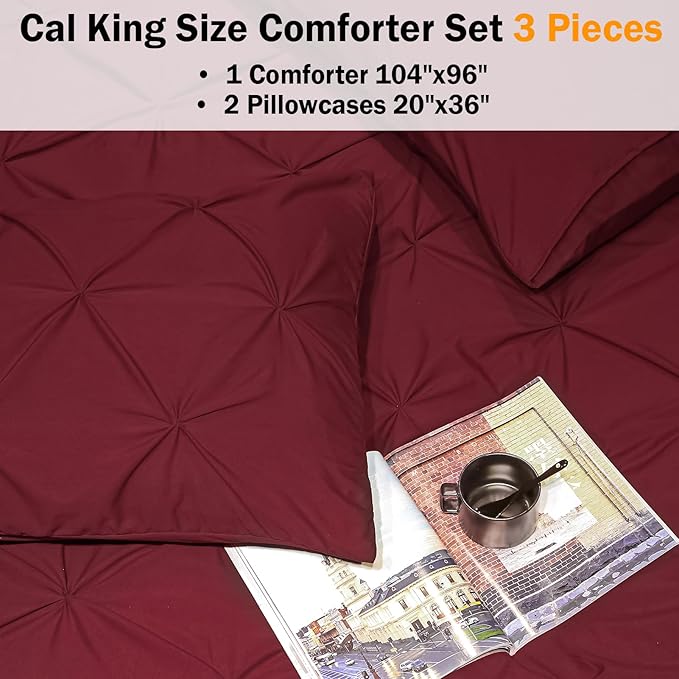 Andency California King Comforter Set Burgundy (104x96Inch), Pinch Pleat Cal King Comforter Set 3 Pieces, Oversized King Pintuck Bed Comforter, Microfiber Down Alternative Comforter Bedding Set