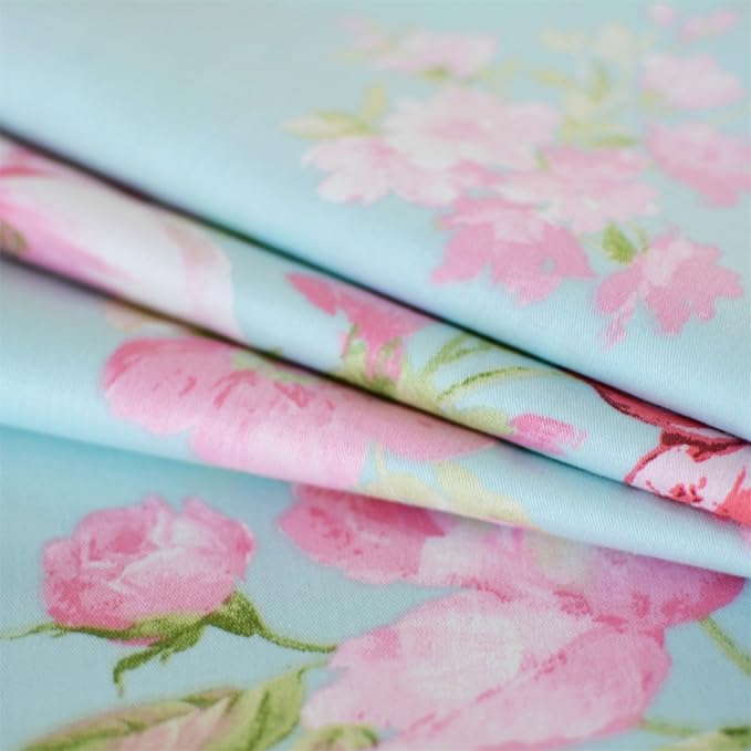 FADFAY Shabby Pink Floral 4 Piece Bed Sheet Set 100% Cotton Deep Pocket-Queen