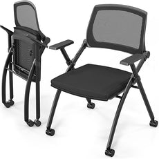 VINGLI 2 Pack Stackable Conference Room Chairs with Wheels, Folding Office Chair with Rebound Back, Padded Seat for Training Room, Guest, Reception, Event, Capacity 350lbs, Black