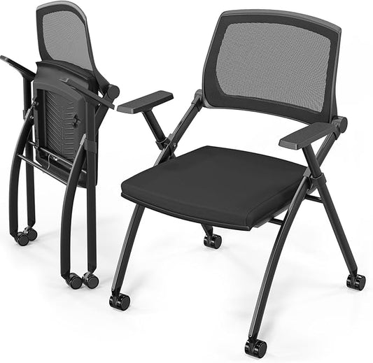 VINGLI 2 Pack Stackable Conference Room Chairs with Wheels, Folding Office Chair with Rebound Back, Padded Seat for Training Room, Guest, Reception, Event, Capacity 350lbs, Black