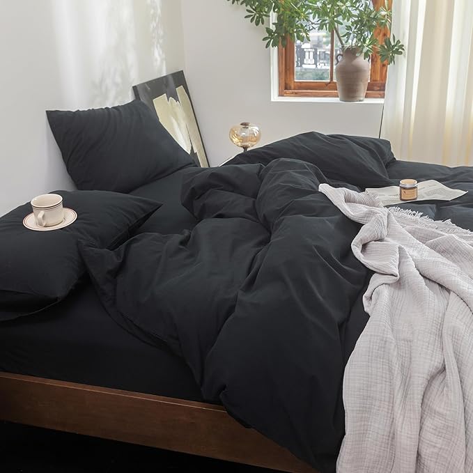 FOSSA Duvet Cover Set 100% Washed Cotton Linen Feel Super Soft Breathable Cozy 3 Pieces Bedding Sets Solid Black King