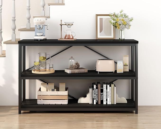 IBF Low Horizontal Book Shelf, Industrial Modern 3 Tier Bookshelf, Farmhouse Short Open Storage Organizer Long Shelf, Simple Wide Wood Metal Sturdy Etagere for Bedroom Living Room, Black Oak, 47 in